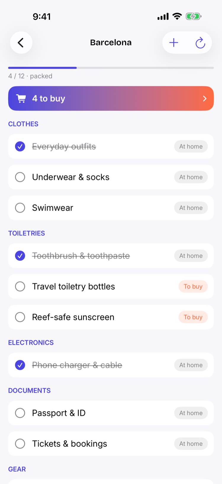 Packnroll packing list — items by category, packing progress, and have vs. buy