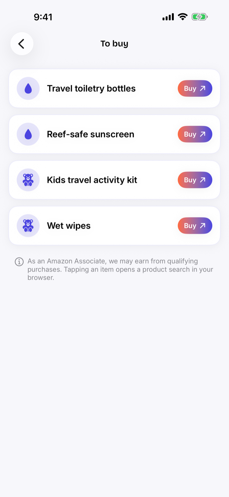 To-buy shopping list, each item linking to an Amazon search