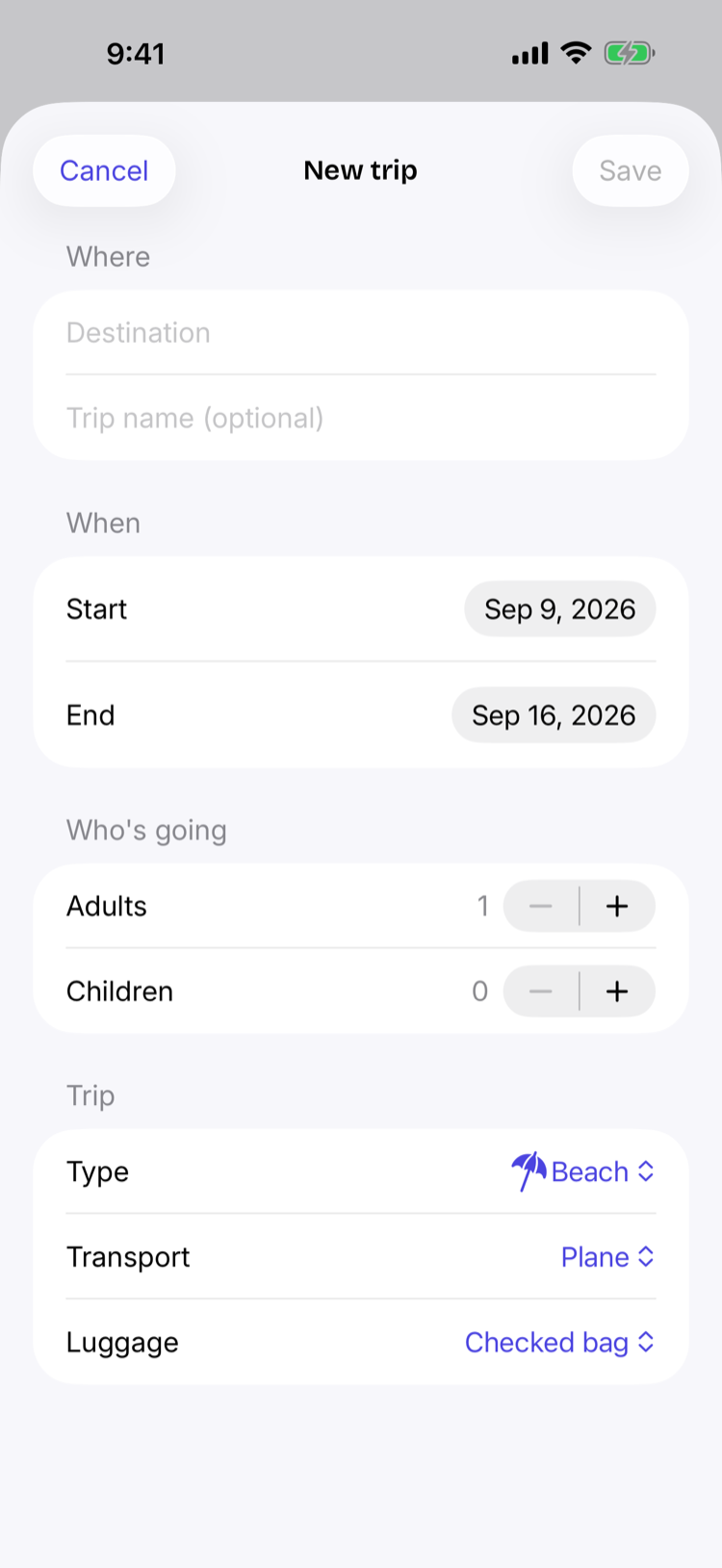 New trip form — destination, dates, travellers, and trip type