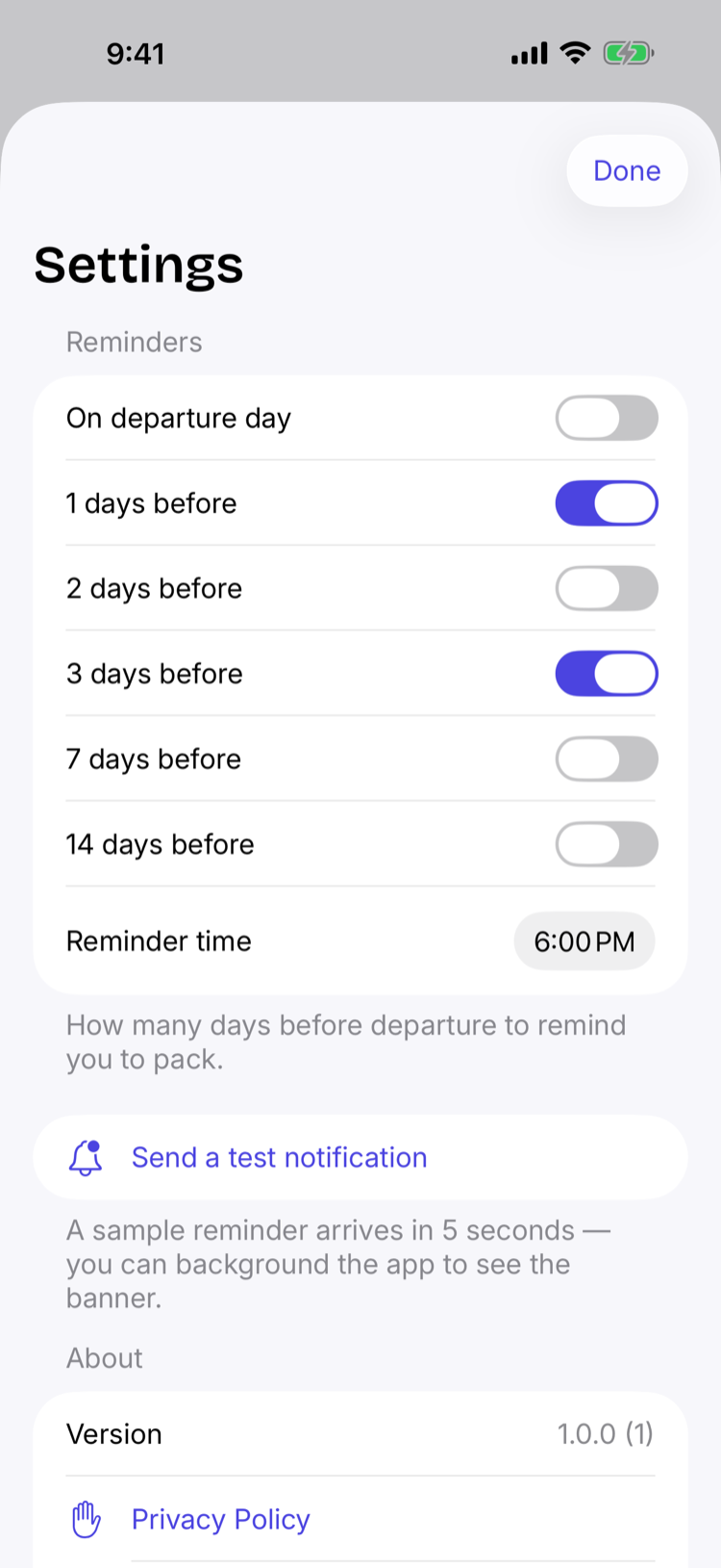 Reminder settings — days before departure and reminder time